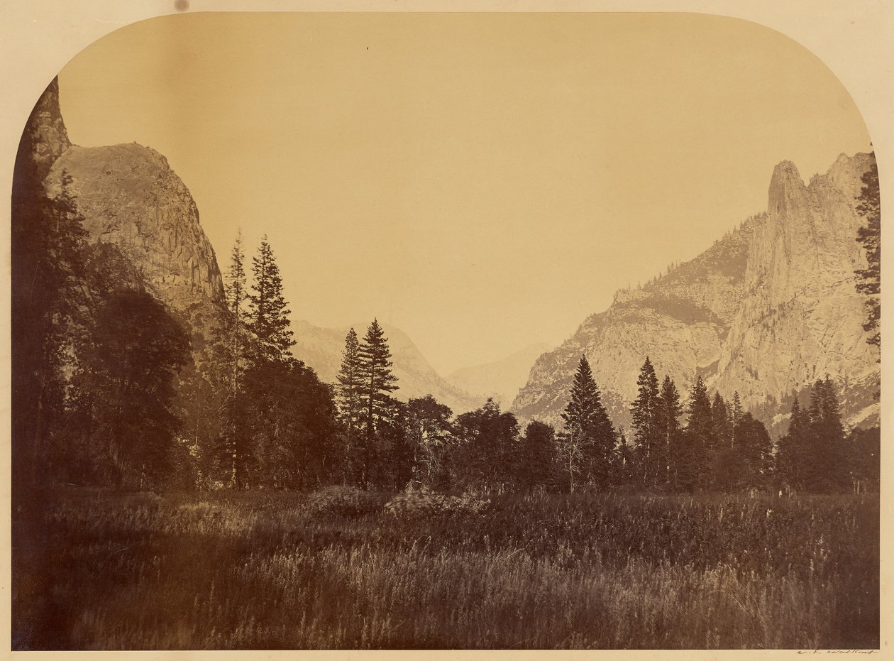 Yosemite, pohled na dno údolí se Sentinel Rock vpravo od Carleton Watkins