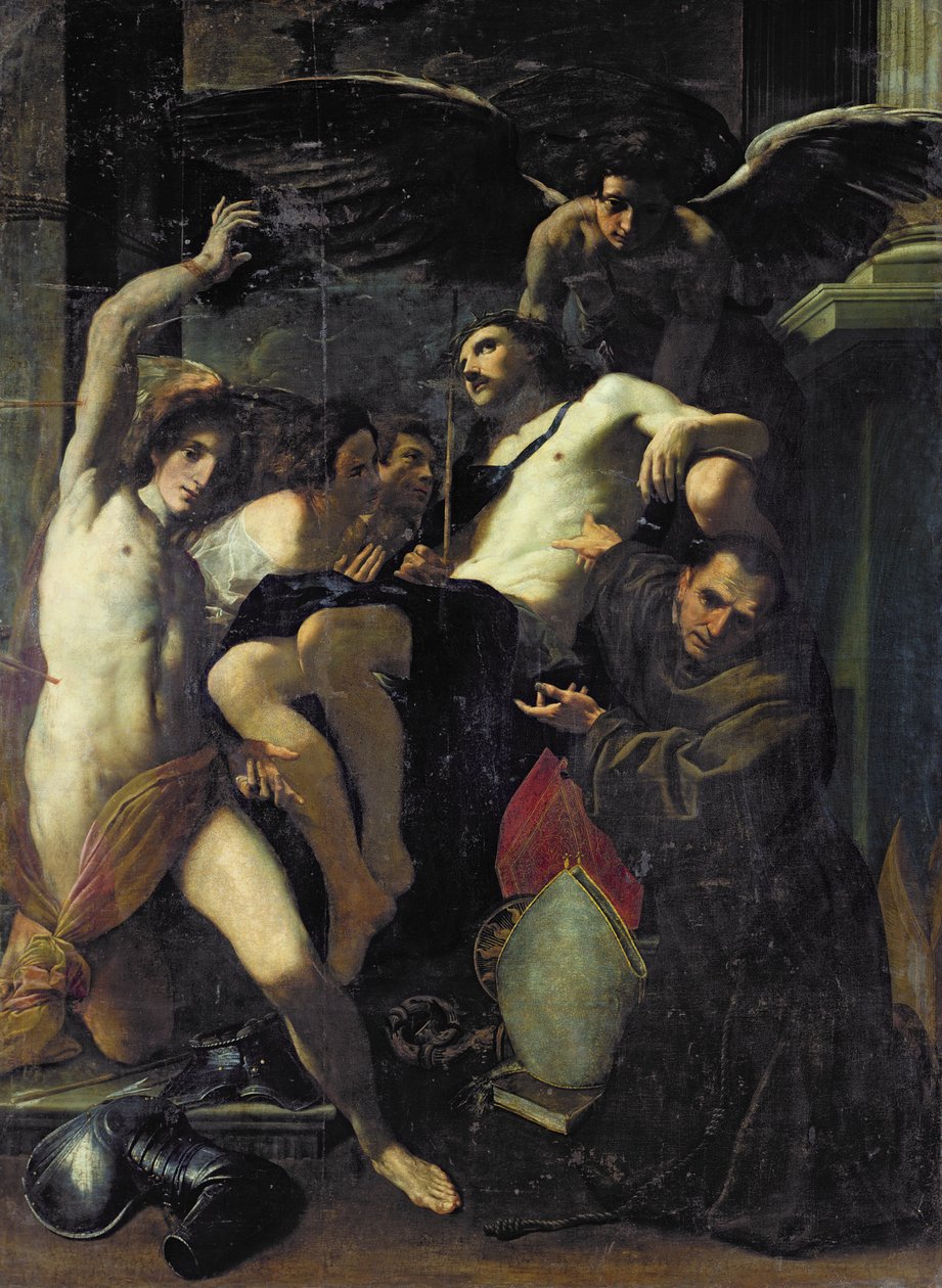 Kristus uctívaný anděly, sv. Šebestián a sv. Bonaventura od Carlo Bononi