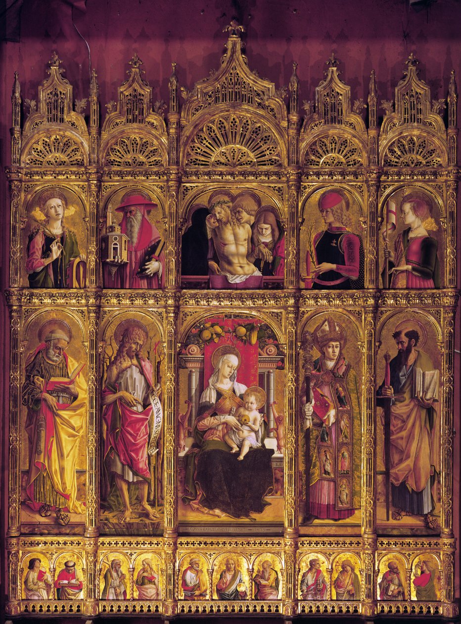 Oltářní obraz sv. Emídia, polyptych: Pieta a Panna s dítětem mezi svatými, c. 1430-95 (tempera na dřevě) od Carlo Crivelli