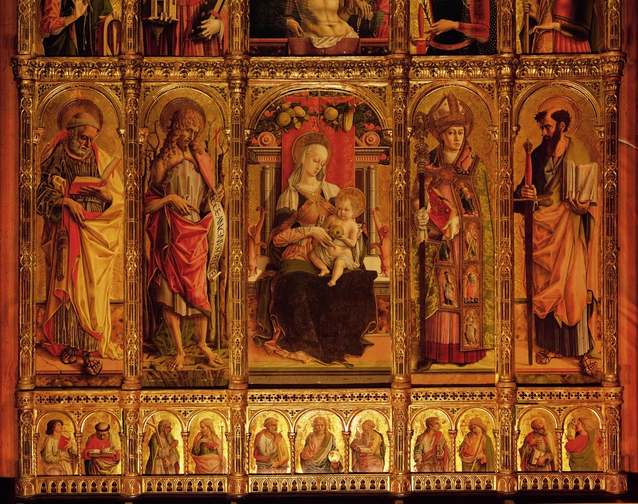 Oltářní obraz svatého Emídia, polyptych, detail Panny Marie a svatých Svatý Pavel, svatý Jan Křtitel, svatý Etienne a svatý Pavel, zleva doprava, 1473 tempera na dřevě od Carlo Crivelli
