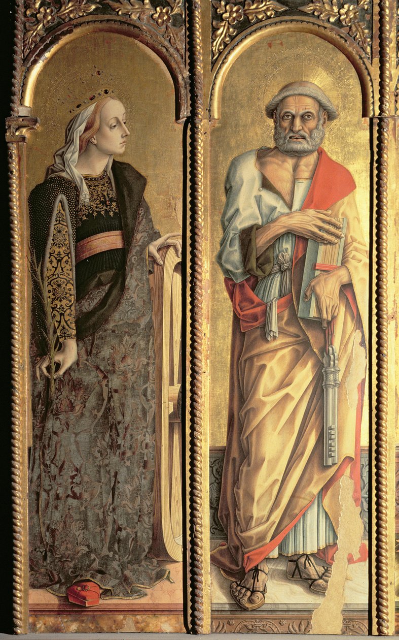 Svatá Kateřina Alexandrijská a sv. Petr, detail z triptychu Santa Lucia (tempera na panelu) od Carlo Crivelli