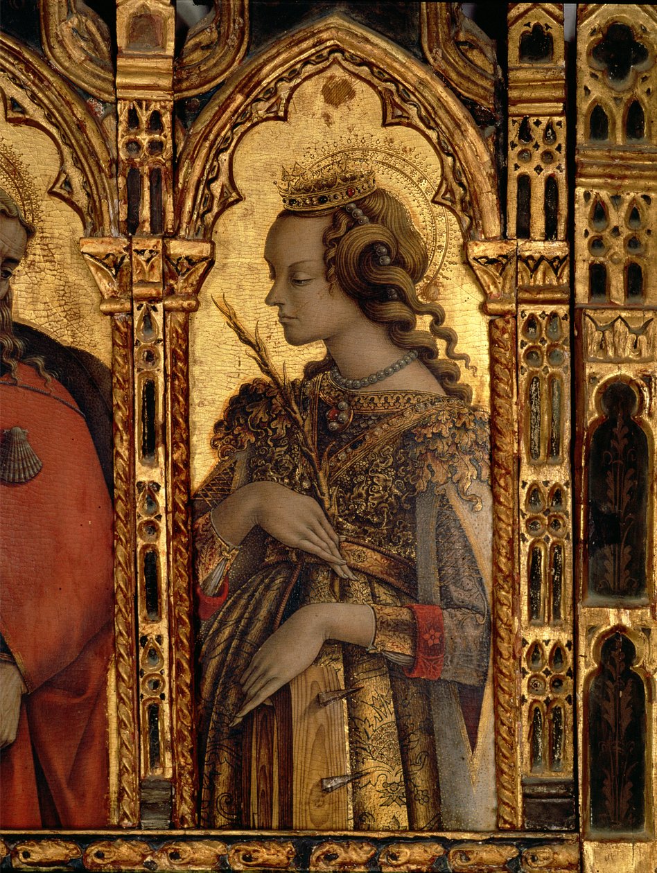 Svatá Kateřina Alexandrijská, detail z polyptychu San Martino (tempera na panelu) (viz 76669) od Carlo Crivelli