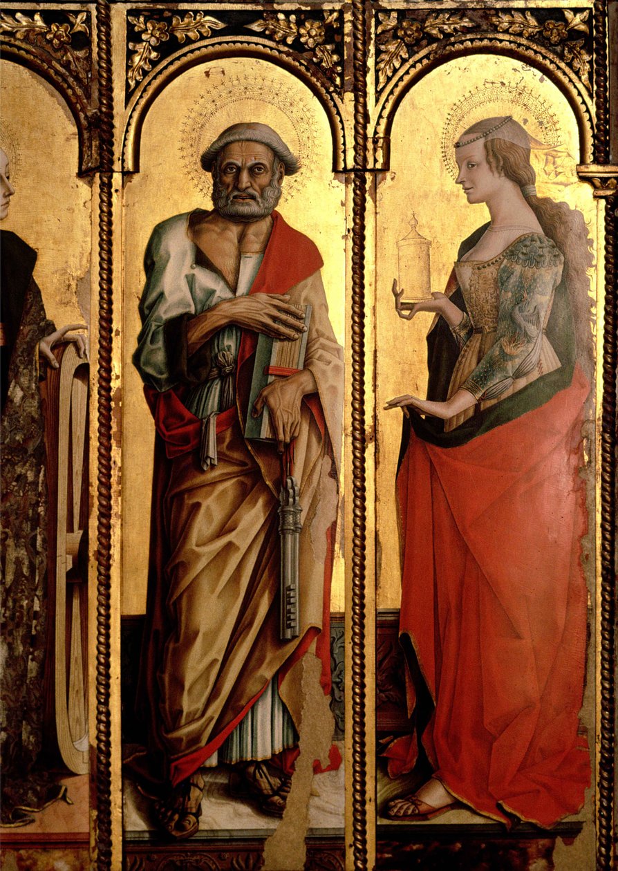 Svatý Petr a sv. Máří Magdalena, detail z triptychu Santa Lucia (tempera na panelu) od Carlo Crivelli