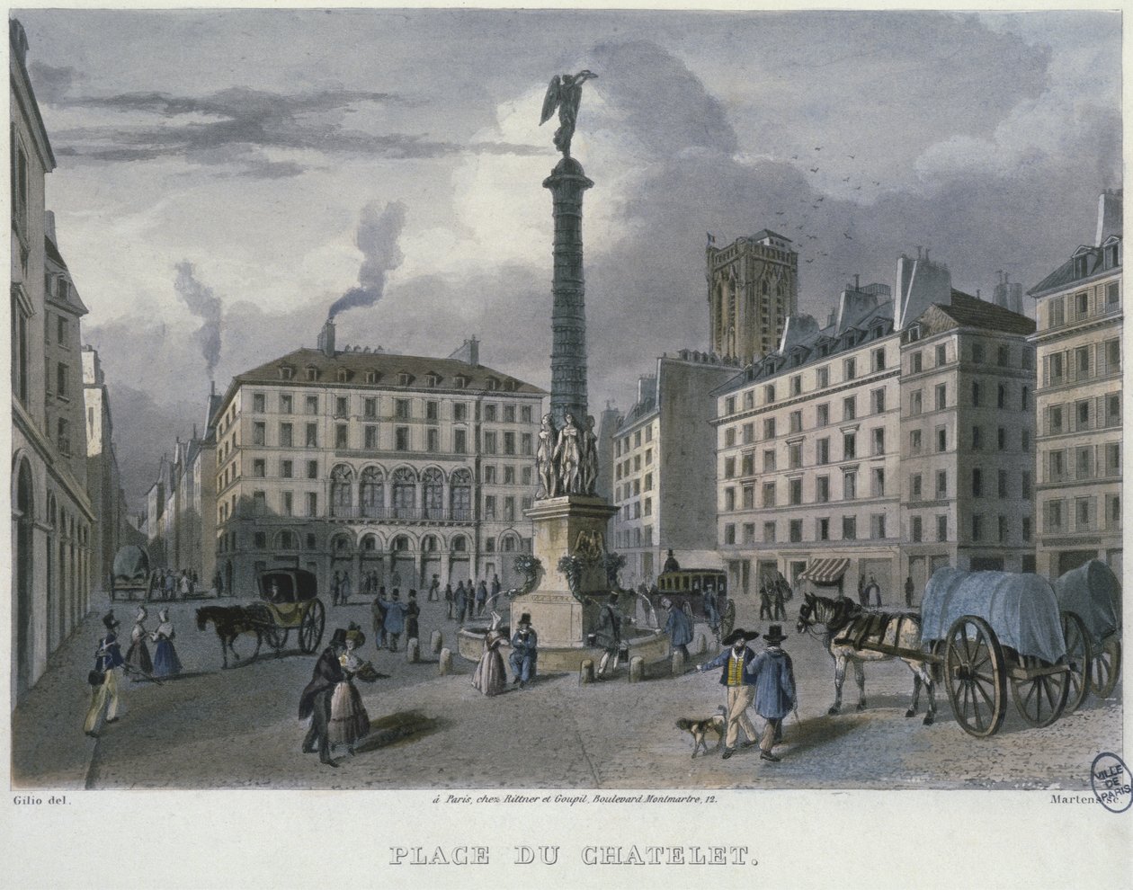 Place du Chatelet, Paříž, vyryl Frederic Martens (1809-75) 1832 (barevná rytina) od Carlo Gilio