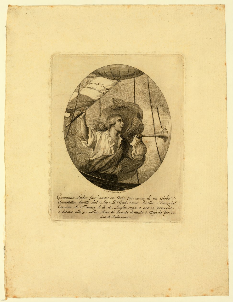 Giovanni Battista Luder, stojící v koši balónu během výstupu nad Florencií, 1795-1850 od Carlo Lasinio