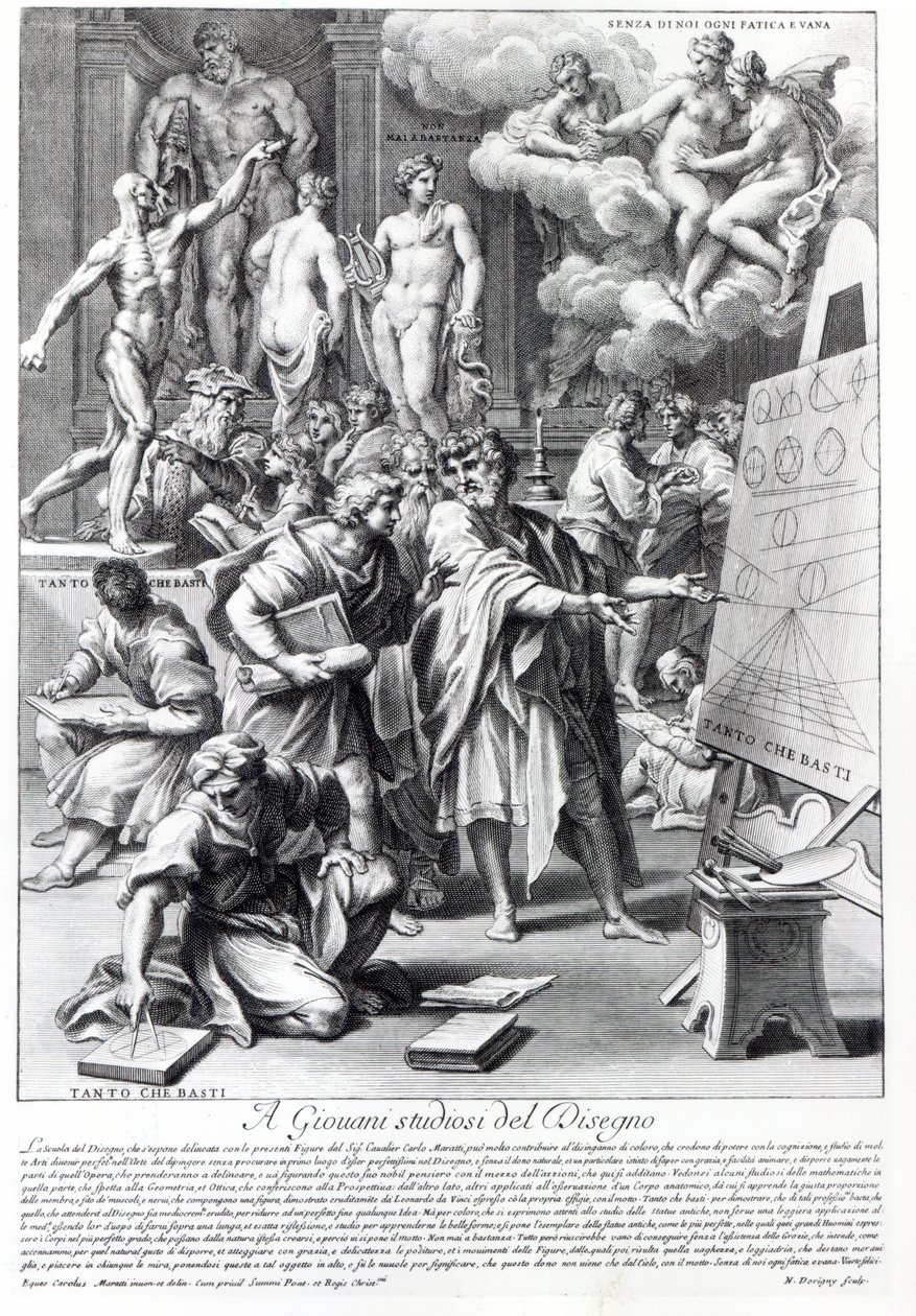 Alegorie designového studia, vyryla Nicolas Dorigny od Carlo Maratta or Maratti