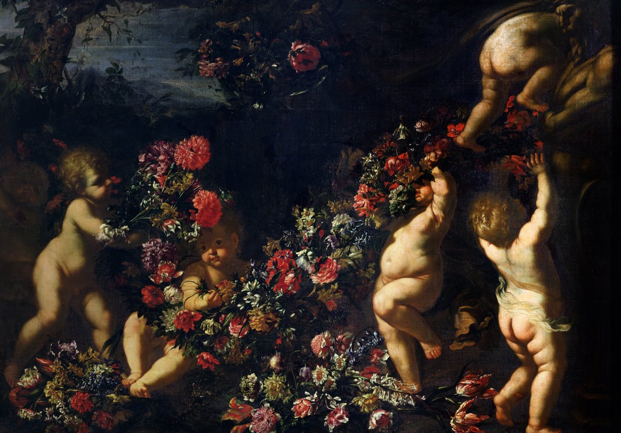 Putti si hraje s girlandami květin od Carlo Maratta or Maratti