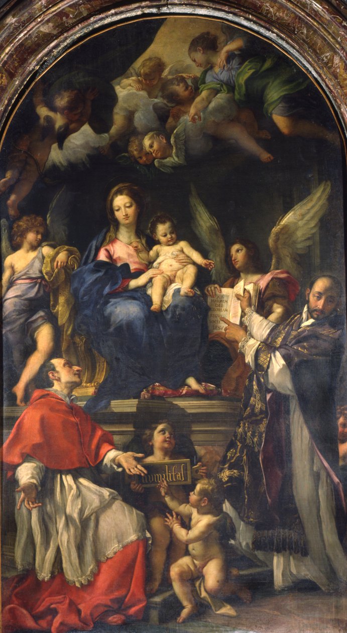 Panna trůnící mezi svatými Carlem Borromeem a Ignácem z Loyoly, kolem roku 1685 od Carlo Maratta or Maratti