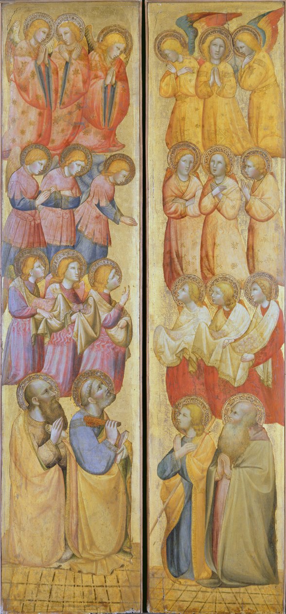 Levý panel: sv. Petr a sv. Pavel s anděly; Pravý panel: sv. Jakub a sv. Ondřej s anděly, cca 1400 (tempera se zlatem na panelu) od Carlo da Camerino