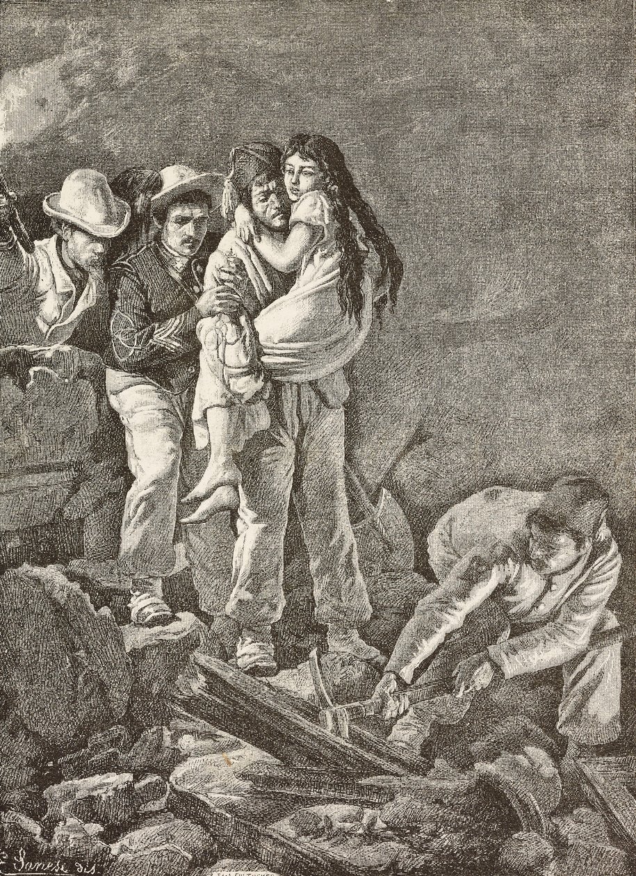 Dívka je zachráněna poté, co se její dům zhroutil, zemětřesení Casamicciola, Itálie, rytina z kresby E Sanesi a malby Carla Ademolla (1824-1911), z L