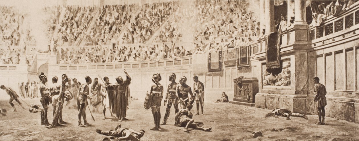Mnich Almachius se pokouší zastavit gladiátorský boj, ilustrace z „Nástin historie“ od H. G. Wellse, svazek II, vydané v roce 1920 od Carlo Ademollo