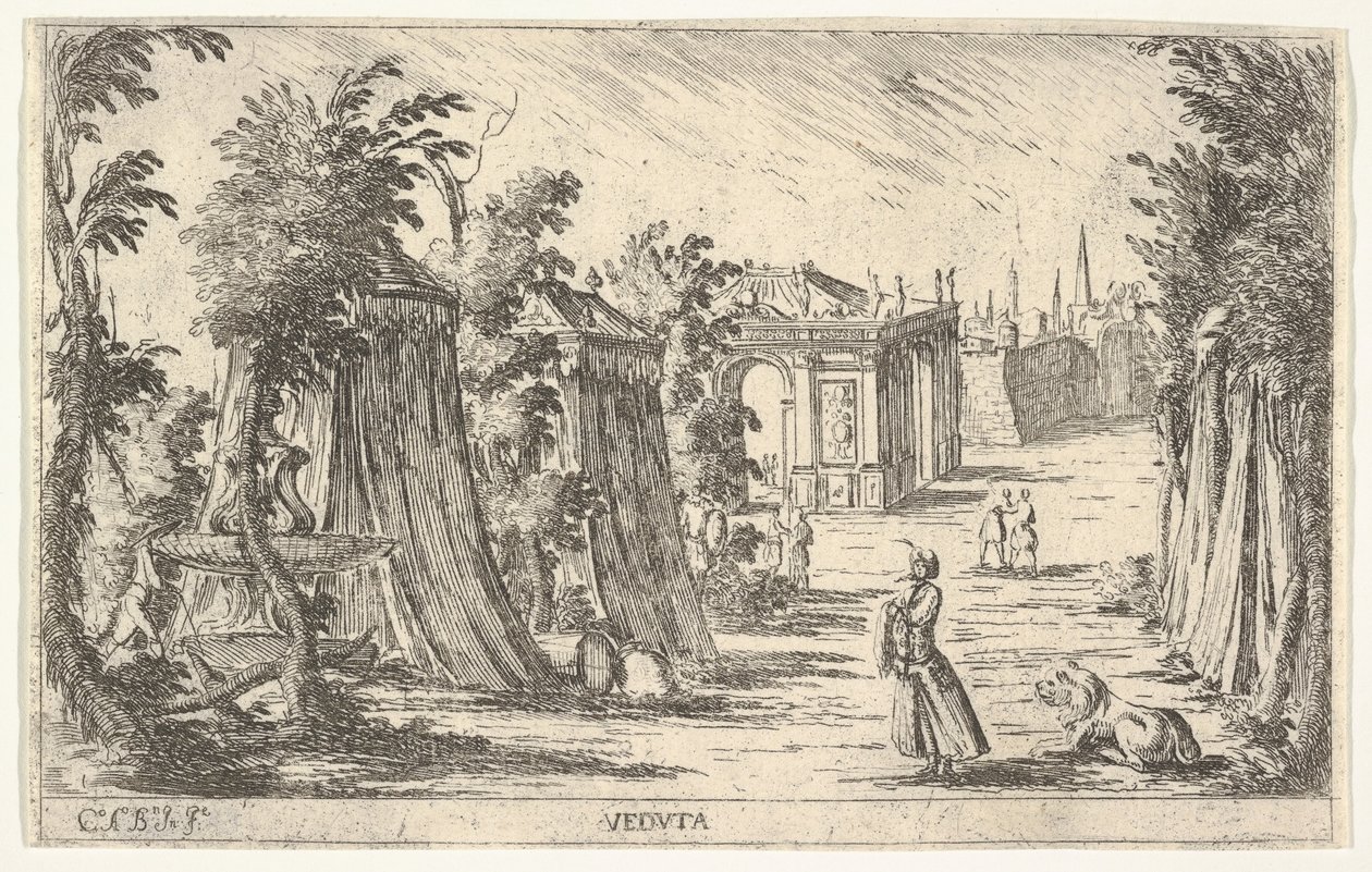 Pohled s mužem v turbanu a lvem stojícím vpravo, stany a klasickým architektem..., 1680-1710. od Carlo Antonio Buffagnotti