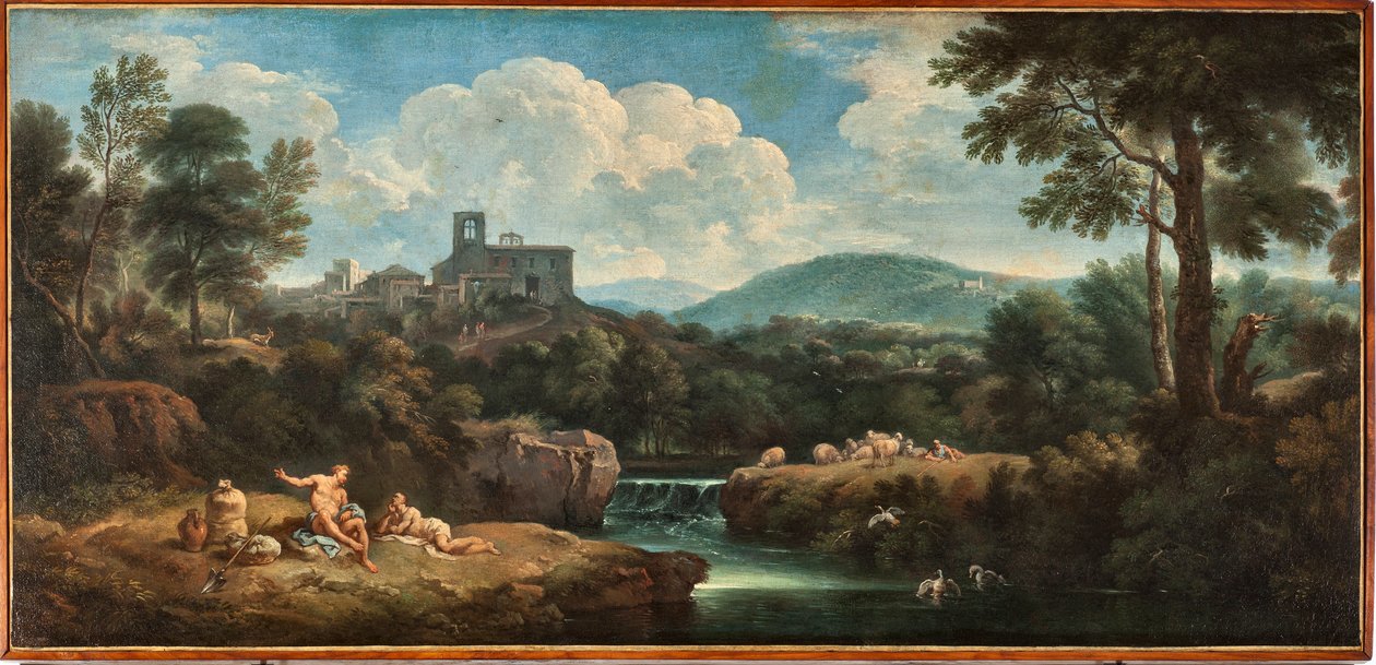 Krajina s řekou, dělníci oblečení v antickém stylu a vesnice Obraz Carlo Antonio Tavella dit Il Solfarola (1668-1738) Musei di Strada Nuova (ex Palazzo Bianco) Genes, Itálie od Carlo Antonio Tavella