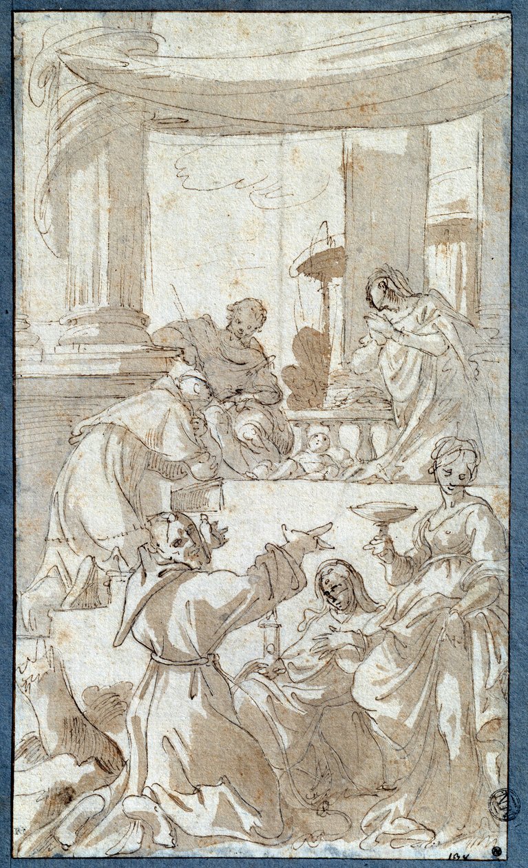 The Holy Family Adoree od svatých Karla Boromejského (1538-1584), Františka z Assisi (1182-1226), Claire z Assisi (1194-1253) a Lucie Kresba tuší a mytí od Carla Bononiho (1569-1632) Sun. 0,26 x 0,15 m Paříž. muzeum Louvre od Carlo Bononi