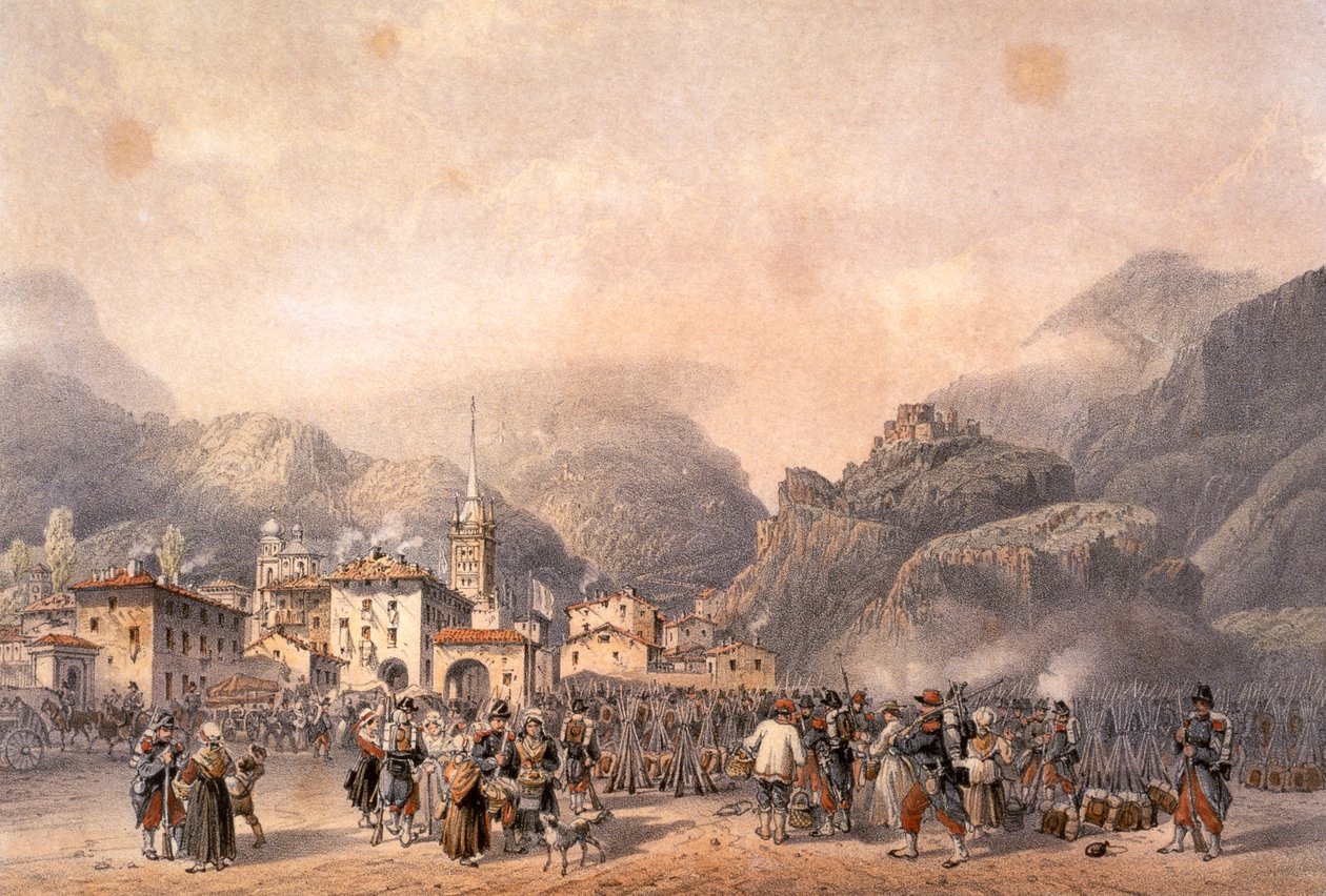 Francouzský tábor v Susa v roce 1859, Carlo Bossoli (1815-1884), rytina. Druhá válka za nezávislost, Itálie 19. století. od Carlo Bossoli