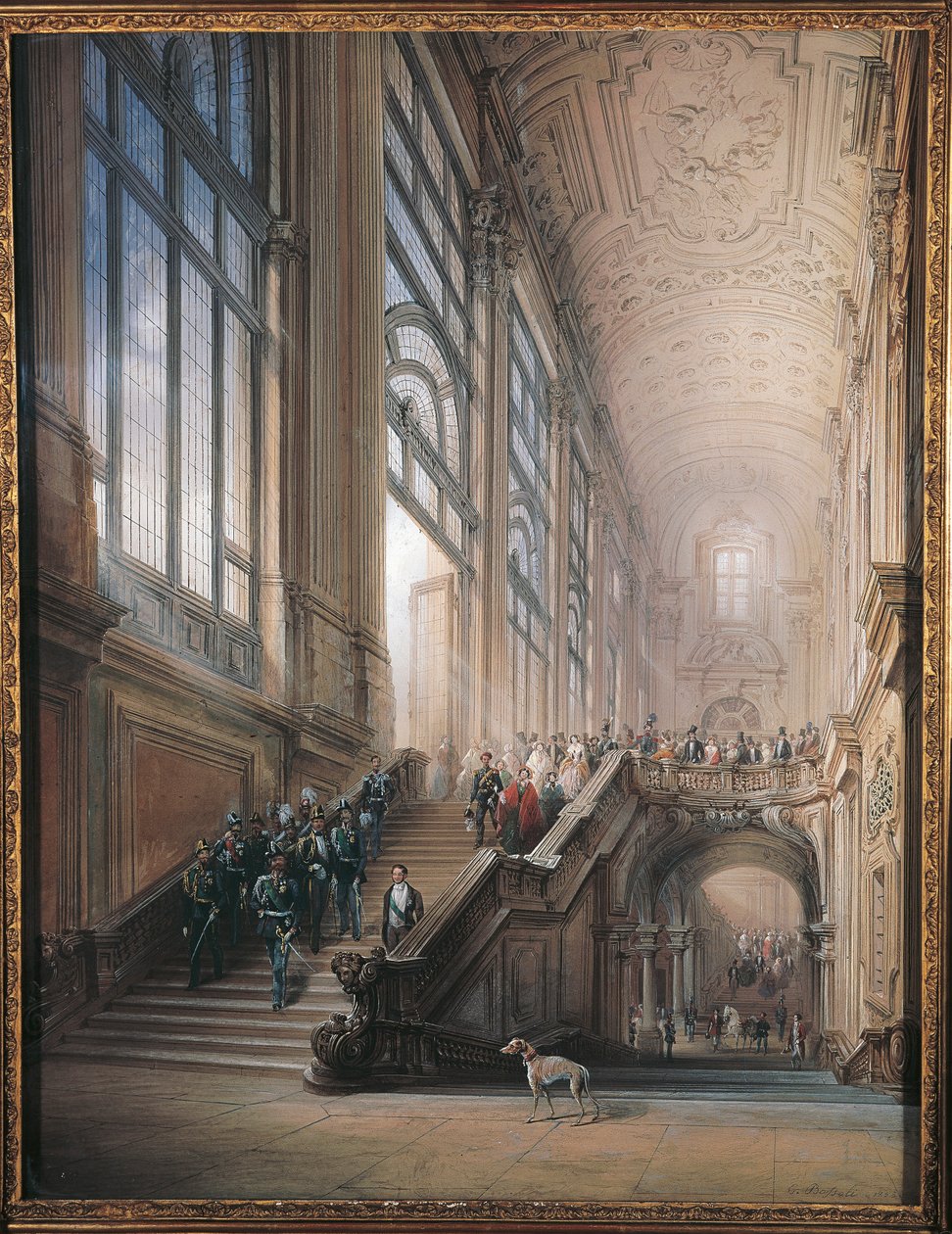 Kuningas Victor Emmanuel II, Cavour, ministerit ja tuomioistuin laskeutuivat portaita alas Torinon senaatissa avauspuheen jälkeen SubAlppien parlamentissa od Carlo Bossoli