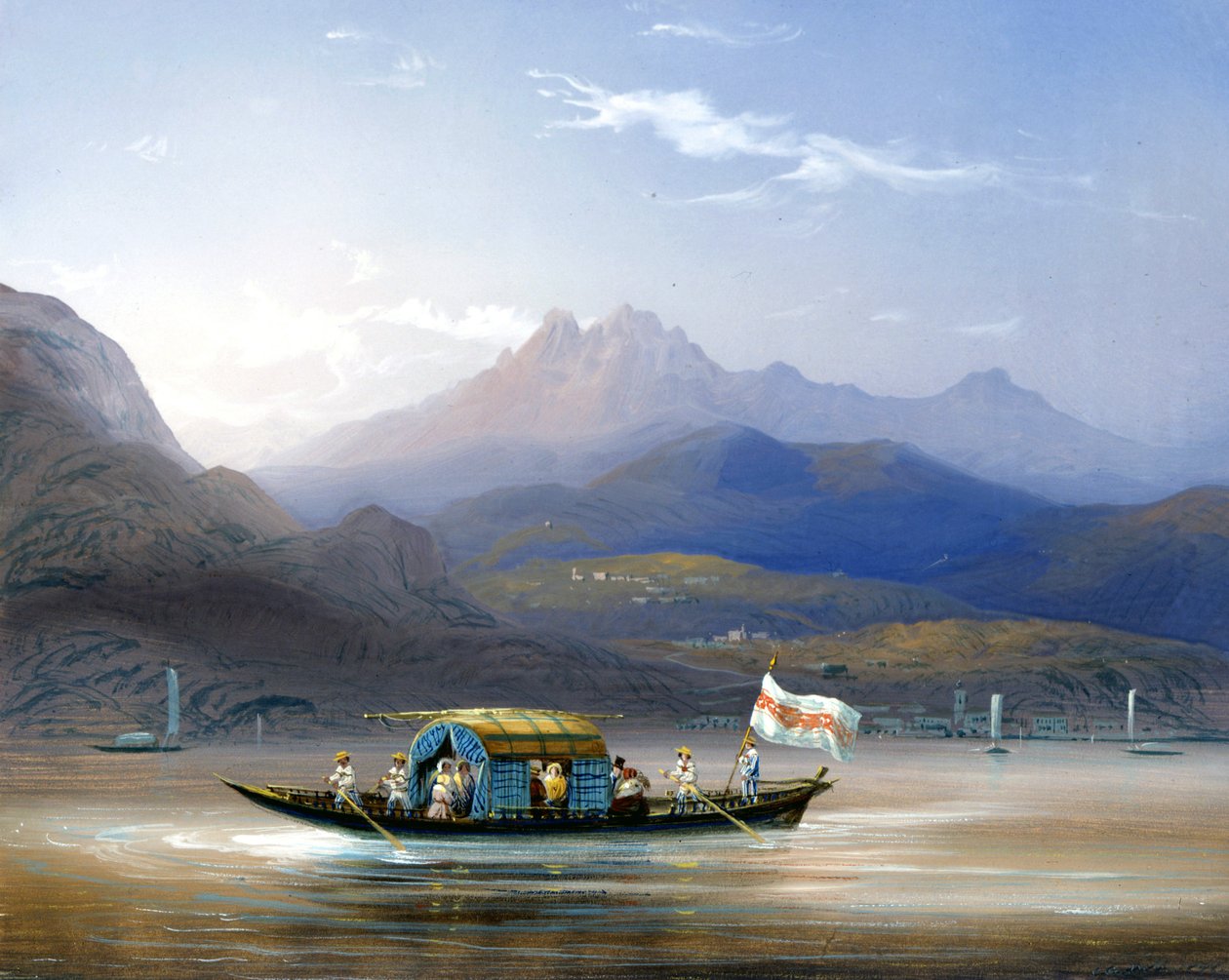 jezero Como. Člun. Na pozadí můžete vidět horu Groma, asi 1830. Obraz Bossoli. Como, soukromý spol. od Carlo Bossoli