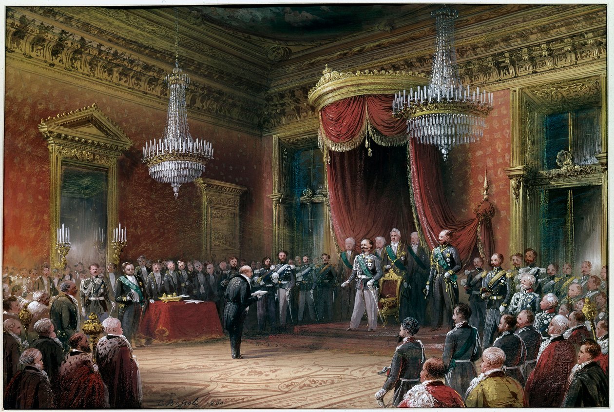Risorgimento - Carlo Farini (1812-1866) předkládá Victoru Emmanuelovi II (Victor Emmanuel) (Vittorio Emanuele) (1820-1878) pakt o anexi Emilia Romagna v roce 1860 (olej na plátně) od Carlo Bossoli