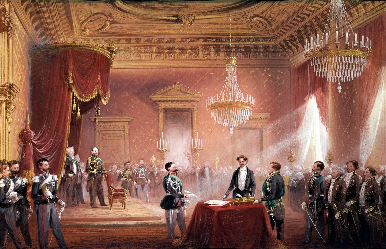 Risorgimento - Victor Emmanuel II (Victor Emmanuel) (Vittorio Emanuele) (1820-1878) podepsal Smlouvu o anexi Toskánska předloženou Bettino Ricasoli (1809-1880) dne 22. od Carlo Bossoli