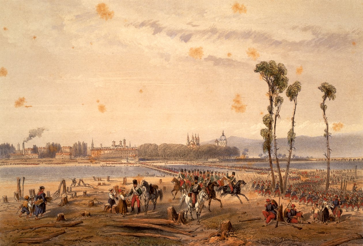 Francouzi projíždějící Sesia u Vercelli v roce 1859, Carlo Bossoli (1815-1884), rytina. Druhá válka za nezávislost, Itálie od Carlo Bossoli
