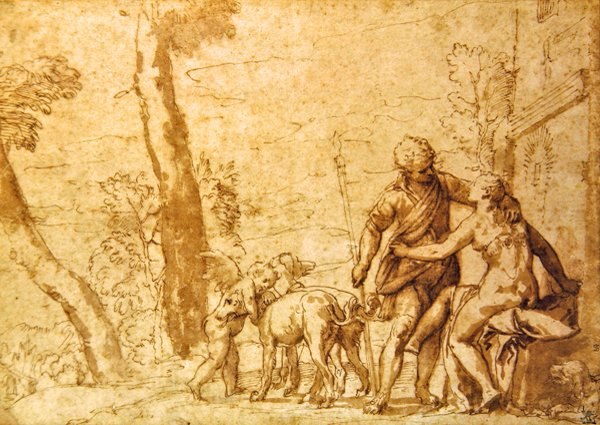 The Meeting, cca 1590 (sépiový inkoust a mytí na papíře) od Carlo Caliari
