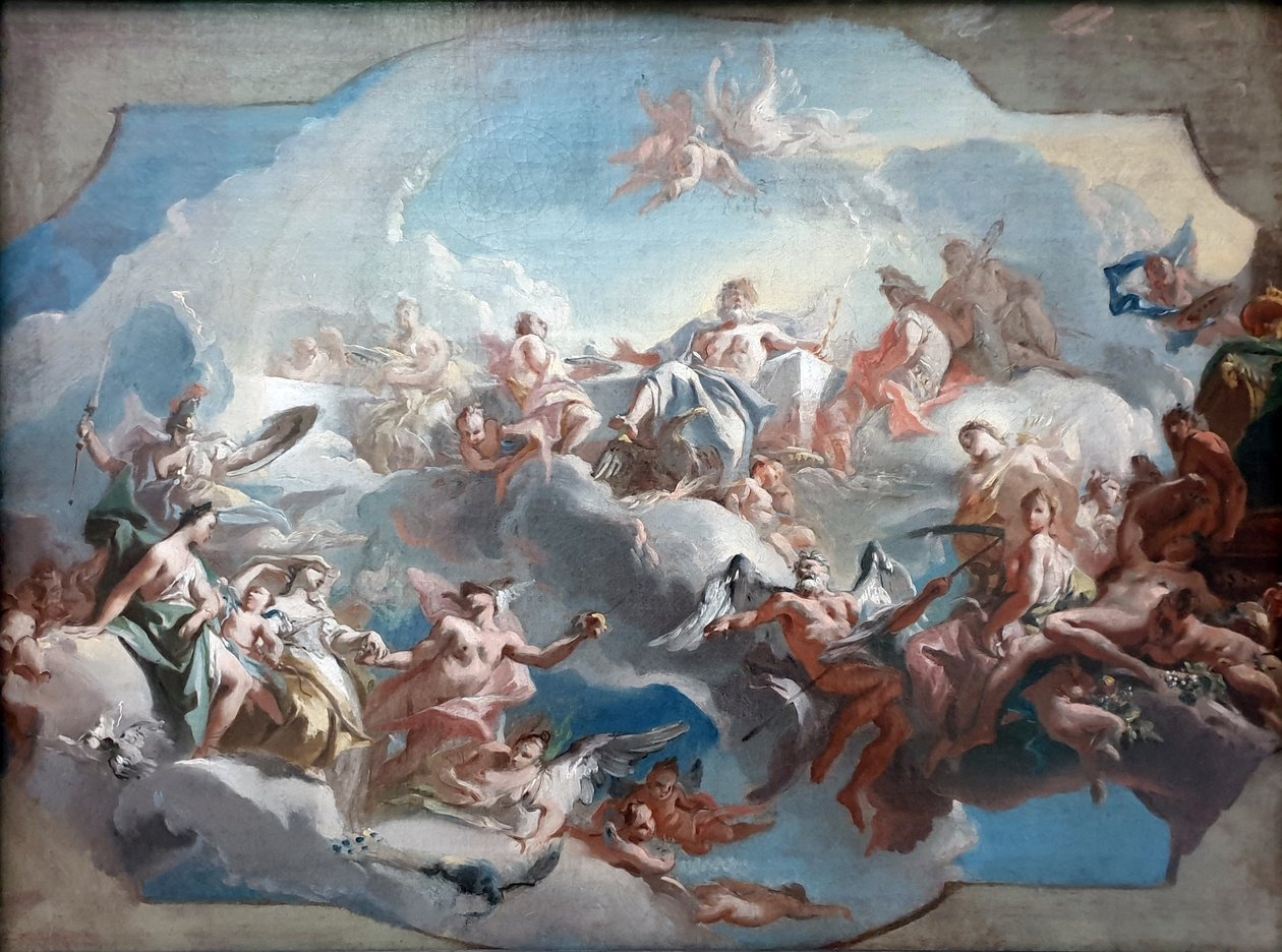 Německy: Der Aufbruch der Göttinnen Juno, Venus und Minerva, geleitet von Merkur, zum Parisurteil Odjezd bohyň Juno, Venuše a Minervy na pařížský soud. od Carlo Carlone