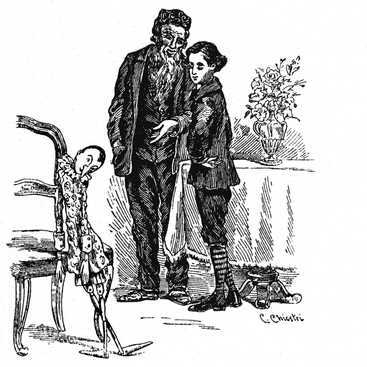 Ilustrace Pinocchio od Carla Chiostriho (1863-1939), jednoho z prvních italských ilustrátorů Collodiho díla. Pinocchio, který se konečně stává skutečným malým chlapcem, se dívá s Geppetttem na dřevěnou loutku, kterou byl. od Carlo Chiostri