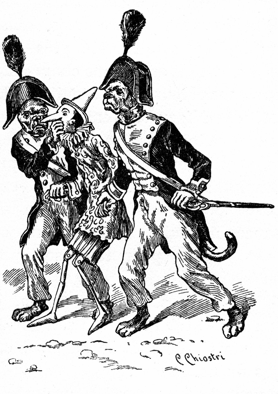 Ilustrace Pinocchio od Carla Chiostriho (1863-1939), jednoho z prvních italských ilustrátorů Collodiho díla. Dřevěnou loutku berou dva psi převlečení za četníky. od Carlo Chiostri