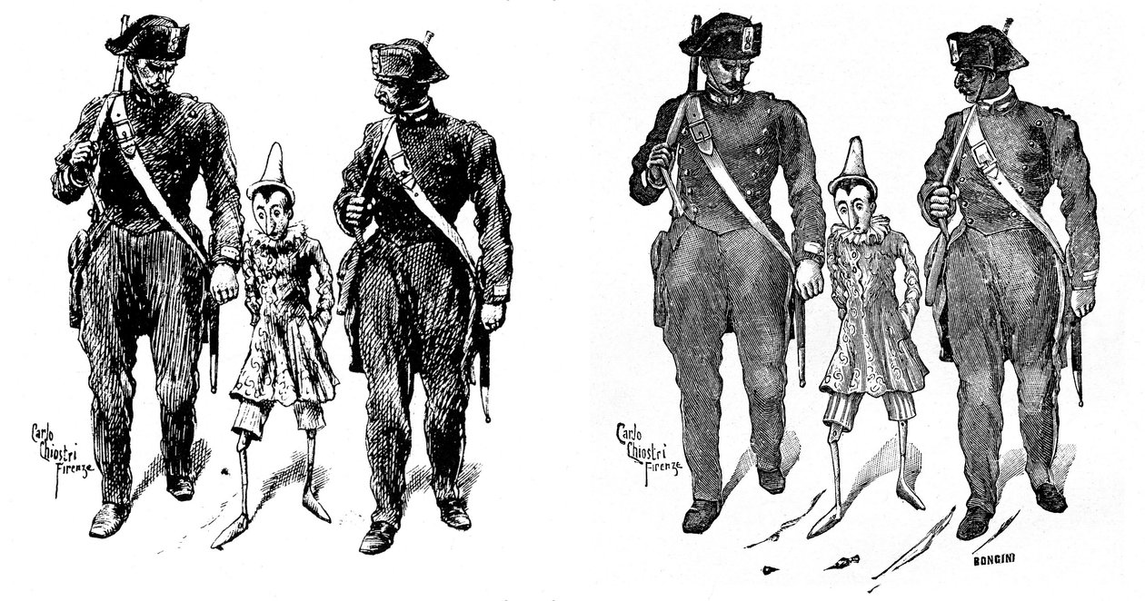 Pinocchio od Carla Chiostriho (1863-1939), jednoho z prvních italských ilustrátorů díla Collodiho (Carlo Lorenzini). Dřevěnou loutku berou dva četníci. Obrázek vlevo je původní Chiostriho kresba, vpravo je rytina carri od Carlo Chiostri