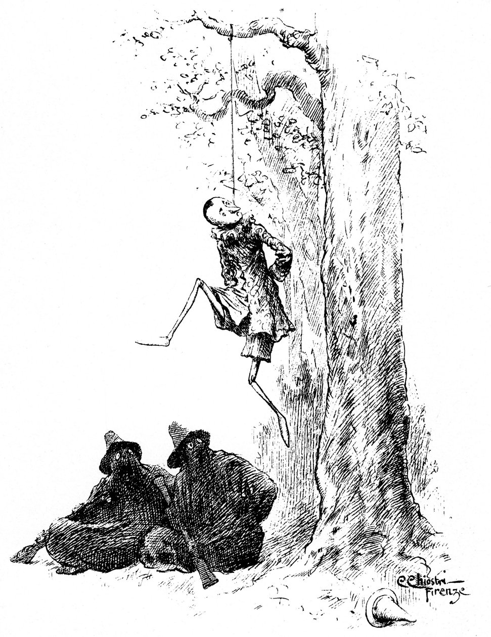 Pinocchio od Carlo Chiostri (1863-1939), jeden z prvních italských ilustrátorů práce Collodi (Carlo Lorenzini). Dřevěná loutka je zavěšena ze stromu dvěma bandity (kočka a maskovaná liška). Tento originální kresba Chiostri má být comp od Carlo Chiostri