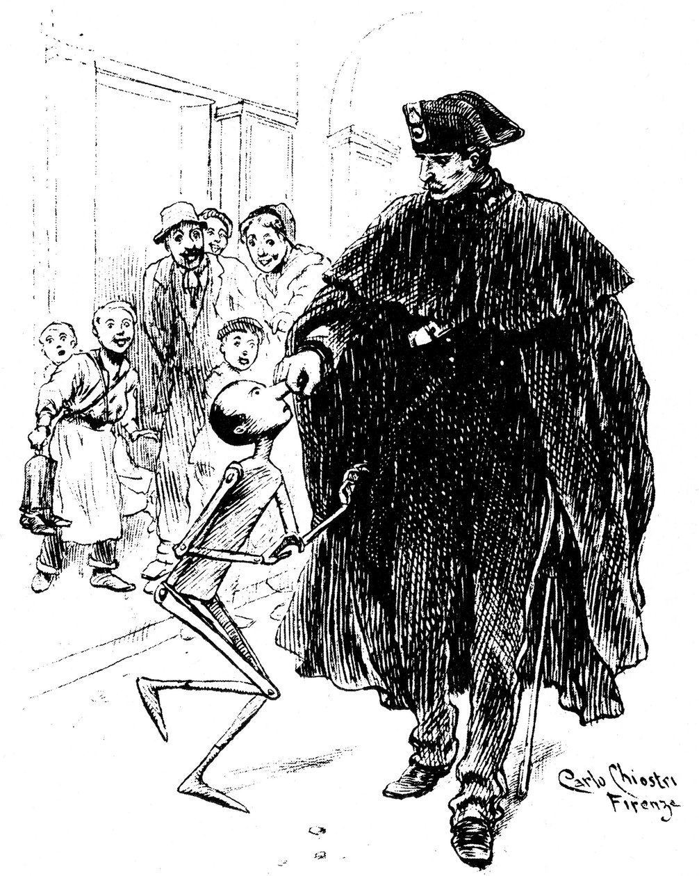 Pinocchio od Carla Chiostriho (1863-1939), jednoho z prvních italských ilustrátorů díla Collodiho (Carlo Lorenzini). Policista uchopí dřevěnou loutku přes nos, má velkou radost z milé. Tato originální kresba od Chiostri má být cca od Carlo Chiostri
