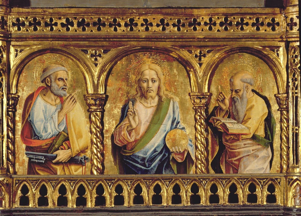 Kristus se svatým Petrem a Pavlem, detail z polyptychu tempery SantEmidio na detailu panelu 76636 od Carlo Crivelli