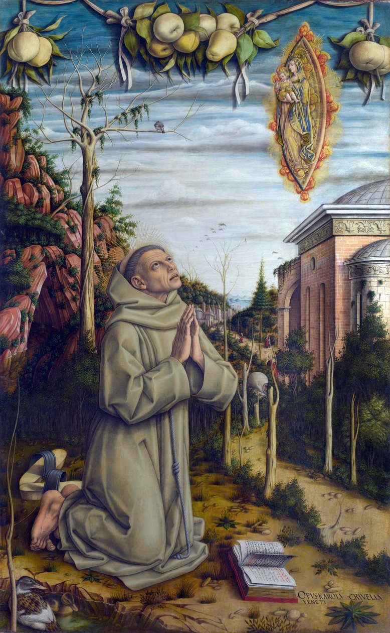 Vize blahoslaveného Gabriela - Gabriele Ferretti (1385-1456), italský františkán vidí zjevení Panny Marie a dítěte Ježíše - Obraz Carla Crivelliho (kolem 1435- kolem 1495), tempera na dřevě (141x87 cm) od Carlo Crivelli