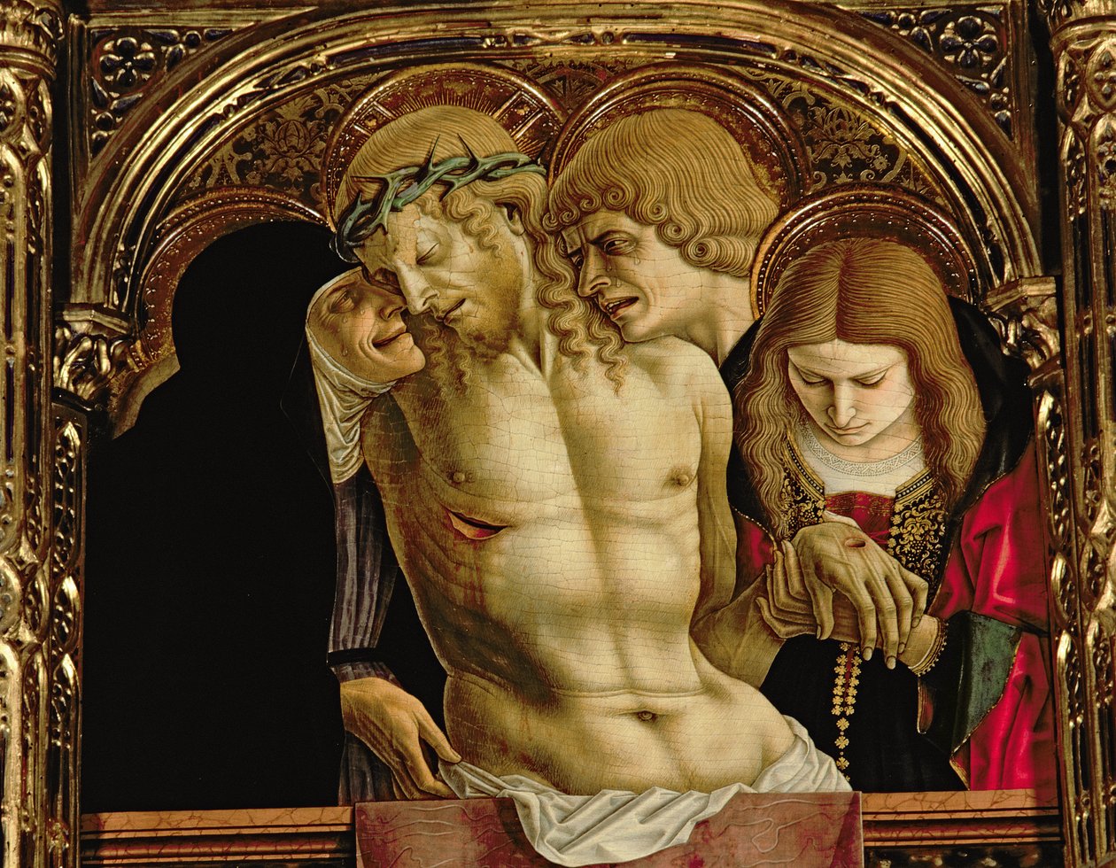 Oplakávání mrtvého Krista, detail z polyptychu SantEmidio, 1473 tempera na detailu panelu 76636 od Carlo Crivelli