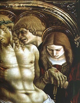 Oplakávání mrtvého Krista, detail sv. Jana Evangelisty a Máří Magdalény, z polyptychu Sant