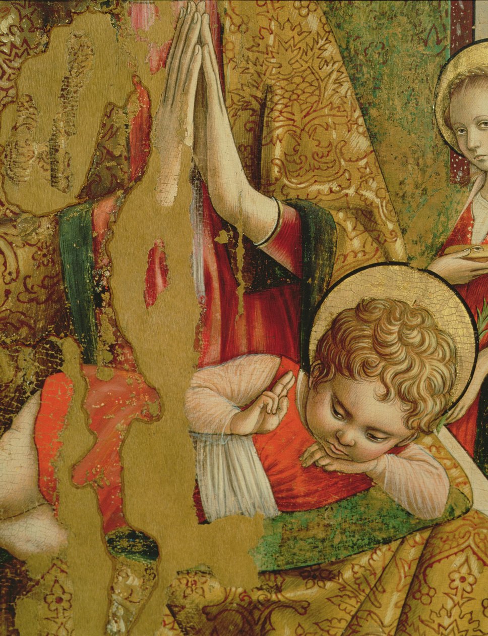 Madona s dítětem, detail Ježíška, ze středového panelu druhého triptychu tempery Valle Castellamo na detailu panelu 76632 od Carlo Crivelli