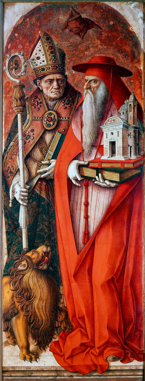 Polyptych Cathedrale of Camerino (Duomo di Camerino): Svatý Jeroným a svatý Augustin. Obraz Carla Crivelliho (1430 / 35-1494 / 1500). Tempera na dřevě od Carlo Crivelli