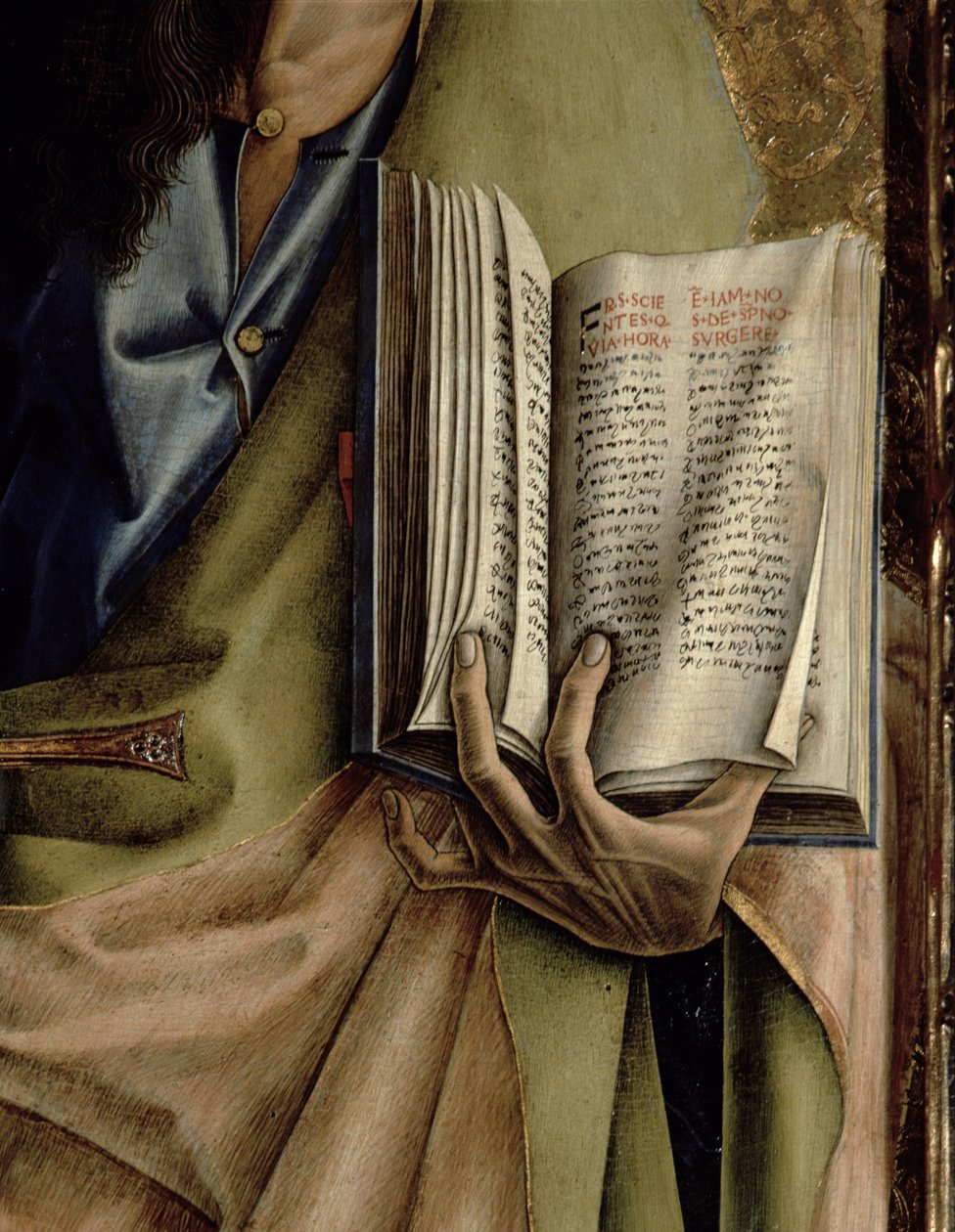 Sv. Pavel, detail Knihy epištol, z polyptychu SantEmidio, 1473 tempera na panelu detail 76647, 76646 a 76636 od Carlo Crivelli