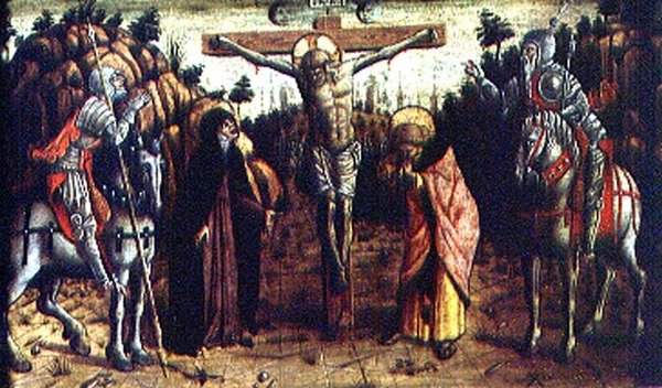 Ukřižování, centrální levá předella panel z polyptychu San Silvestro od Carlo Crivelli