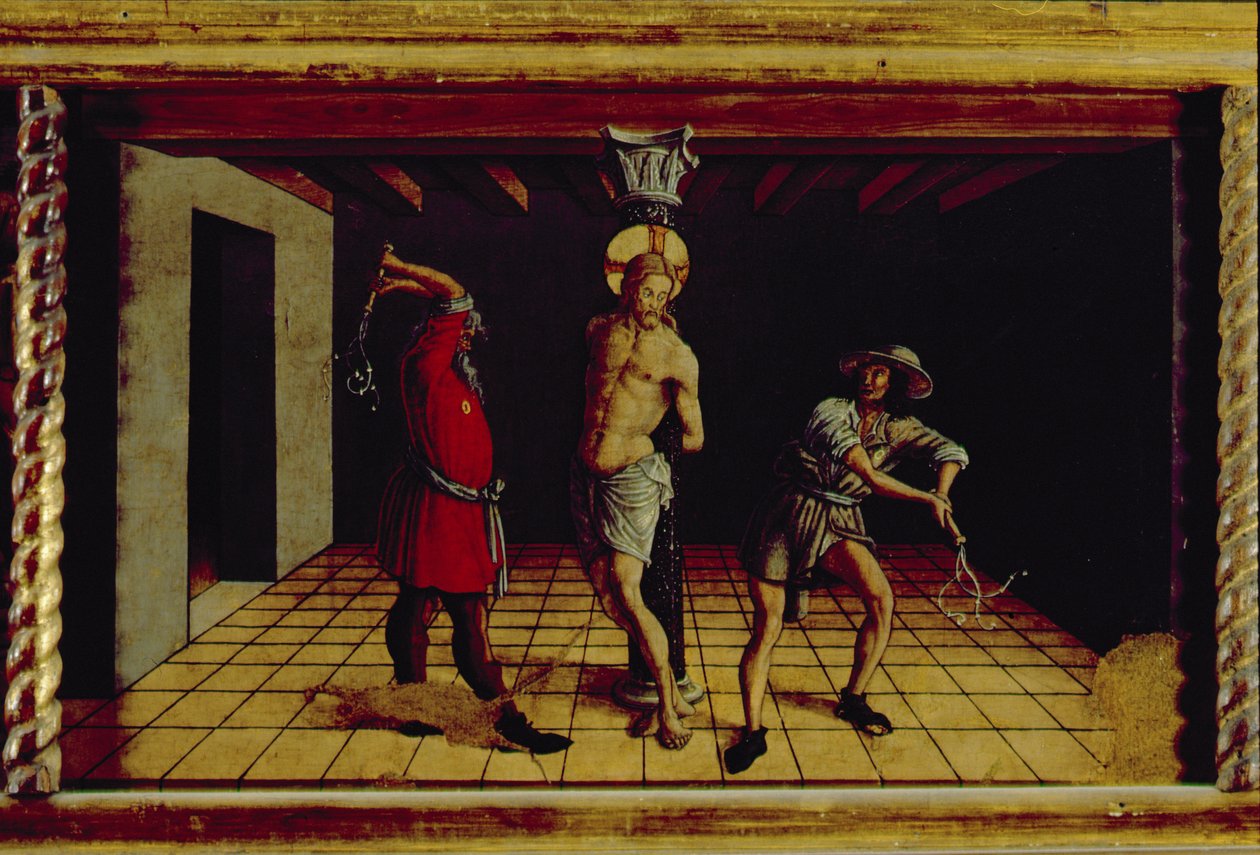 The Flagellation of Christ, středový pravý panel predella z polyptychu San Silvestro, 1468 (tempera na panelu) (viz 76657) od Carlo Crivelli