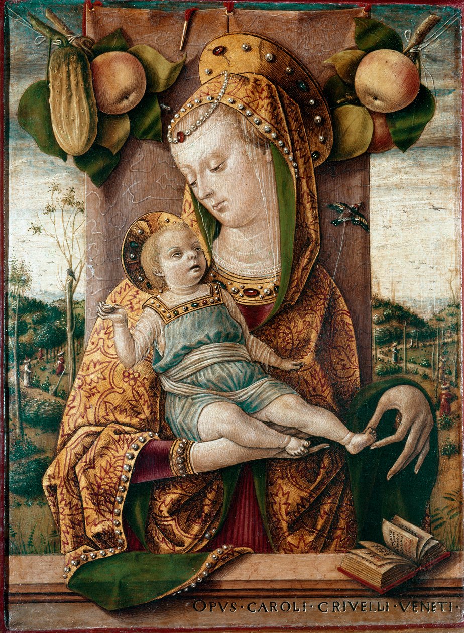 Panna a dítě Za nimi jablka a okurka, dole otevřená kniha (bible). Tempera na dřevě od Carlo Crivelli (1430/35-1494/1500) od Carlo Crivelli