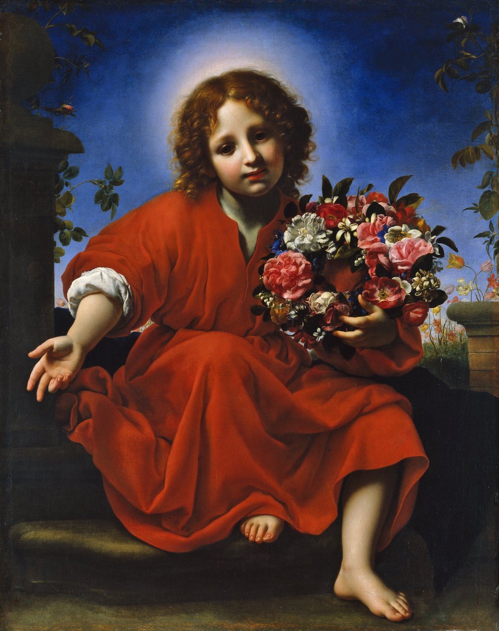 Španělština:  El Niño Jesús con una corona de flores (Ježíšek s květinovým věncem) od Carlo Dolci
