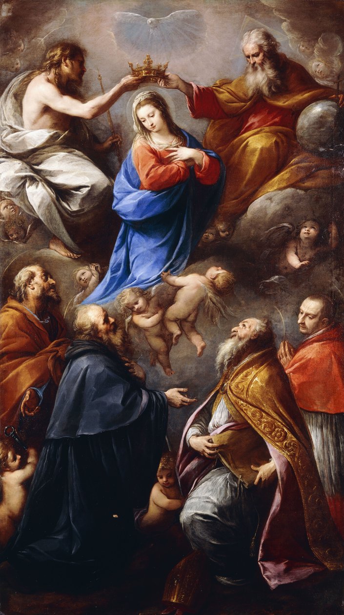 Korunovace Panny Marie se svatými Petrem, Pavlem, Ambrožem a Karlem Boromejským od Carlo Francesco Nuvolone