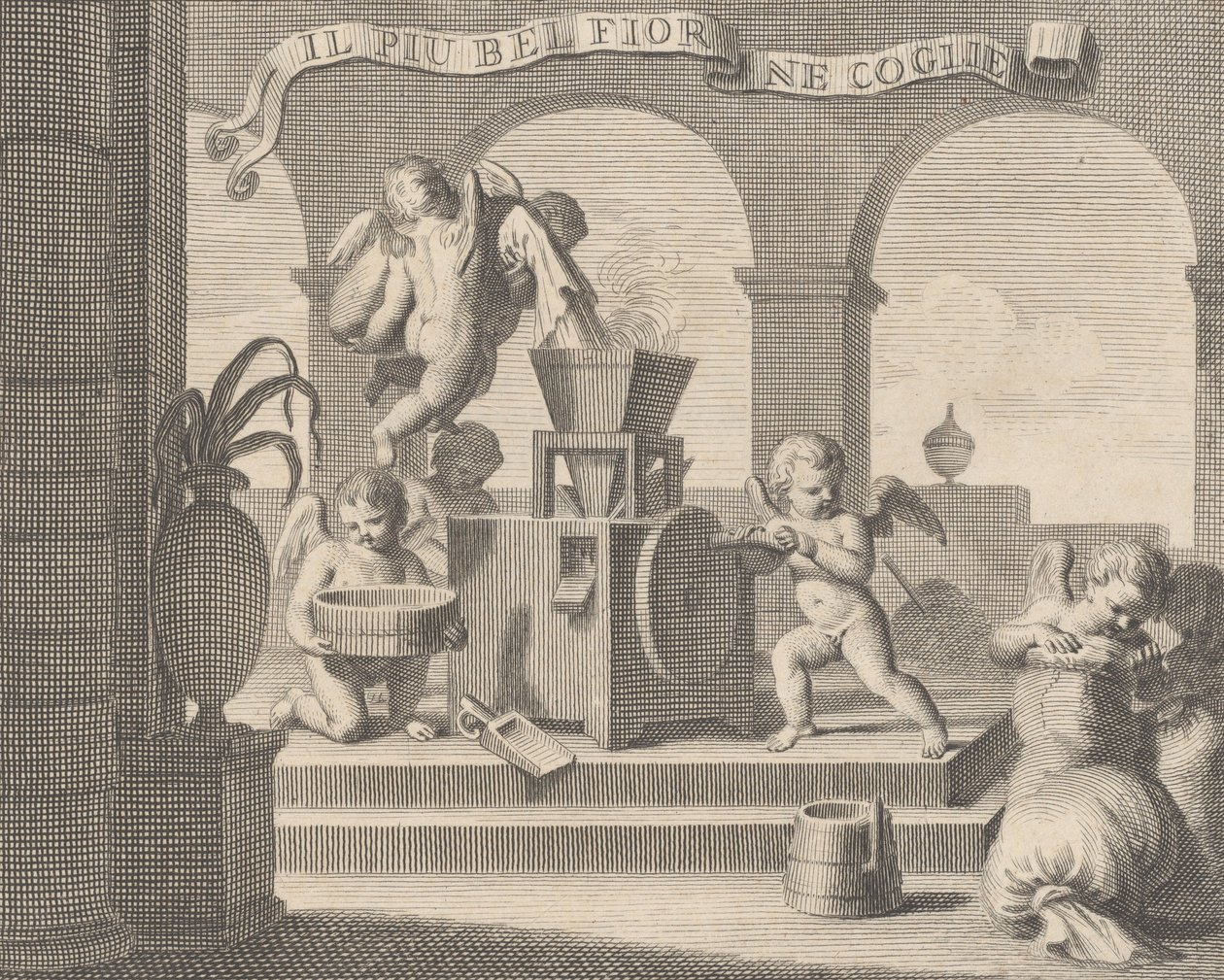 Sbírá nejkrásnější květinu Il più bella fior groglie ne, skupina šesti putti pracujících v ..., 1740-59 od Carlo Gregori