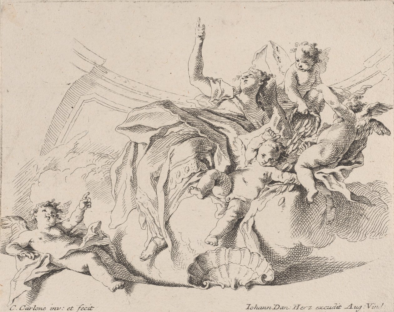 Bohatství, reprezentované ženou sedící na oblacích a obklopenou putti, z nichž jeden je..., 1725-75. od Carlo Innocenzo Carloni