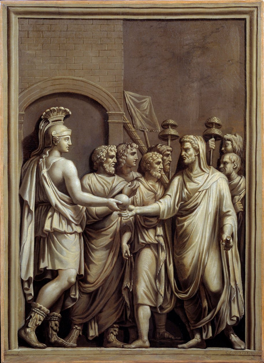 Starověký Řím: válečník a muž v tóze vyměňující si kouli. Malba Carla Labruzziho (1748-1818) podle nízkého římského reliéfu. Brest. Muzeum výtvarných umění od Carlo Labruzzi