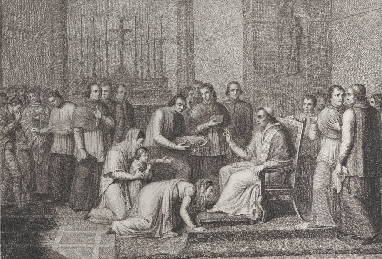Žena klečí, aby políbila nohu papeže Pia VII., s davem za ní vlevo, 1814-50 od Carlo Lasinio