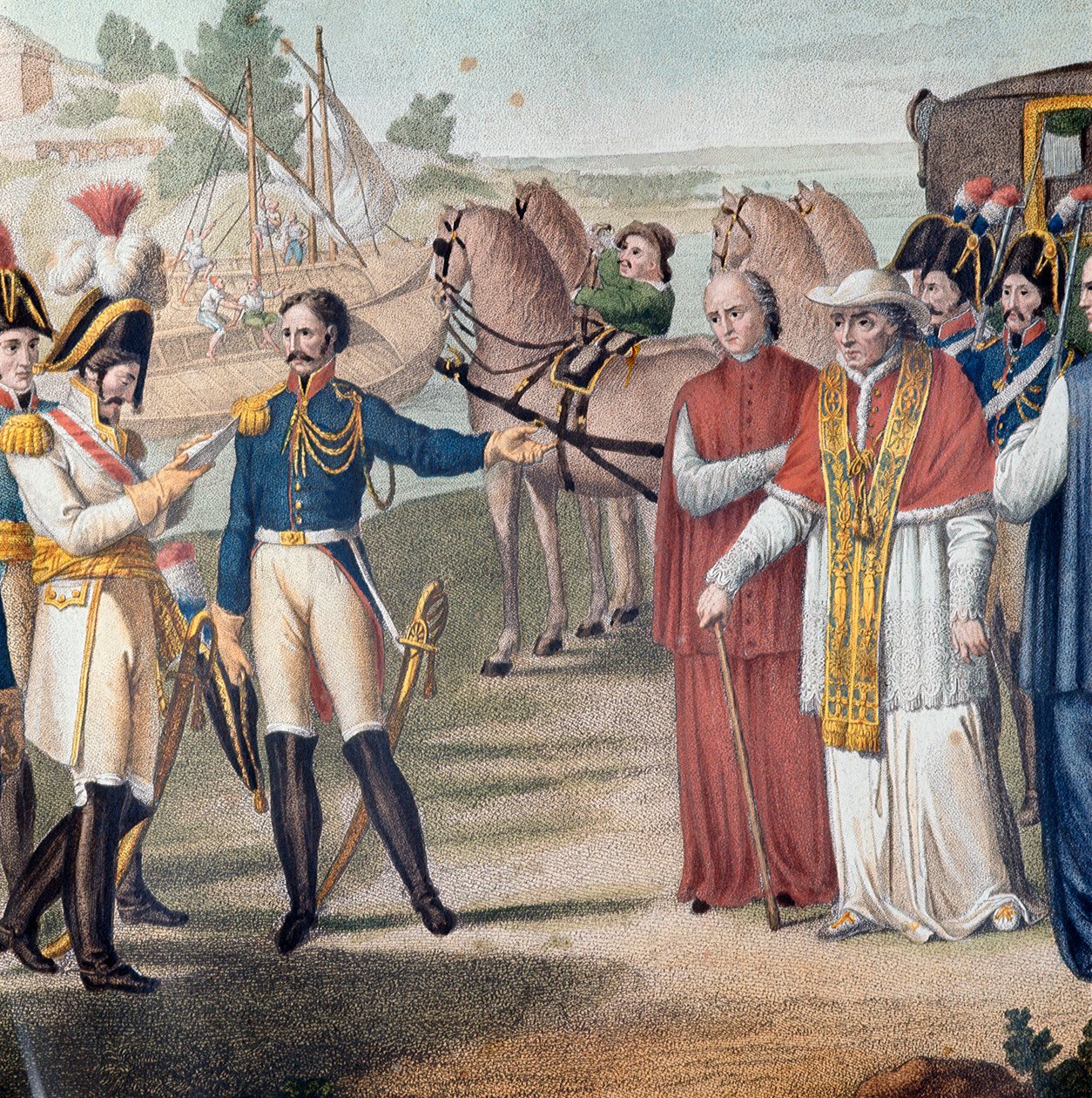 Papež Pius VII (Pio) (1742-1823) byl zatčen při svém návratu do Itálie rakousko-neapolskou armádou poblíž Parmy dne 25. března 1814 - Rytina Carlo Lasinio (1759-1838) - Barevná litografie (Zatčení papeže Pia VII. (1742-1823) po svém návratu do Itálie o od Carlo Lasinio
