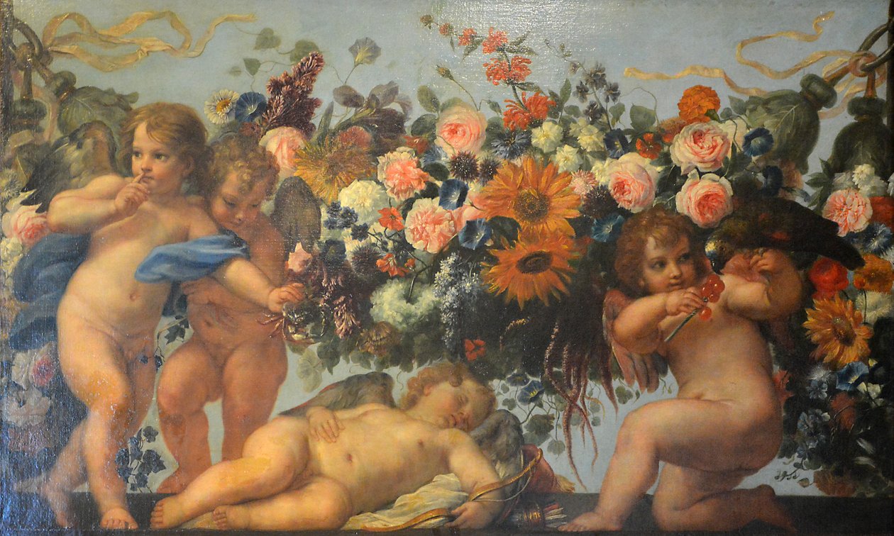 Francouzština:  Amour et guirlande de fleurs avec perroquet Amor a girlandy květin s papouškem od Carlo Maratta