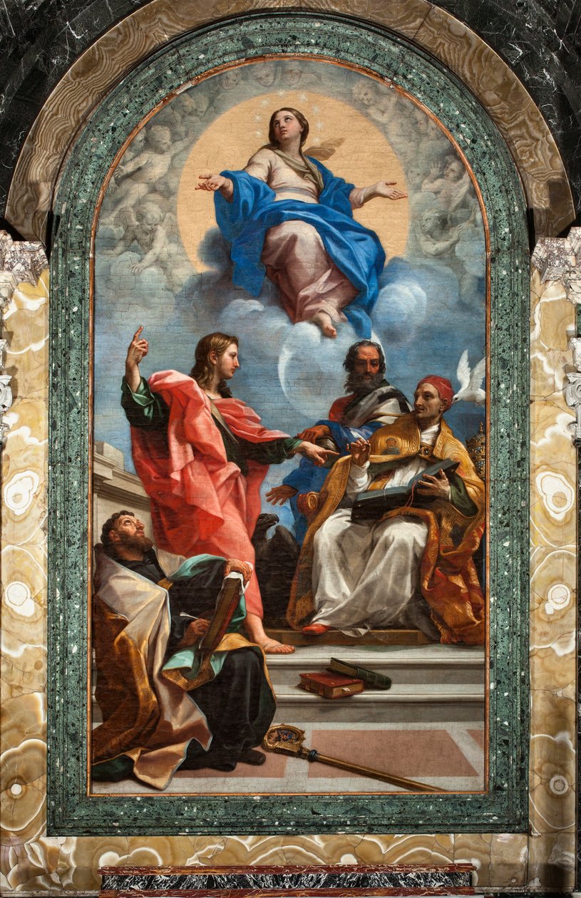 Neposkvrněné početí a svatý Jan Evangelista, svatý Gregoire Veliký, svatý Jan Zlatoústý a svatý Augustin (olej na plátně od Carlo Maratta or Maratti